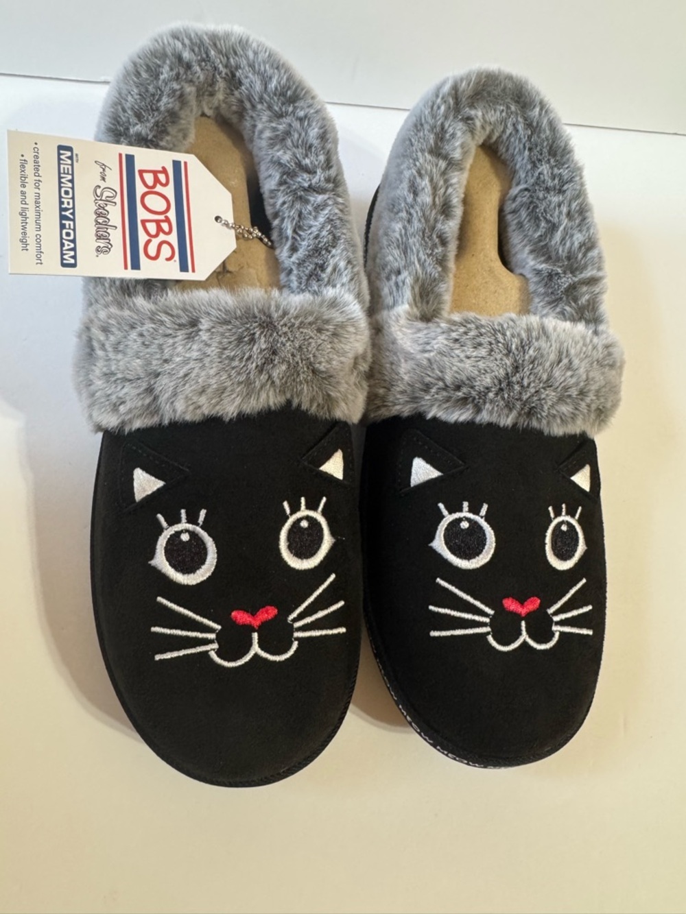 Skechers BOBS Black Faux Fur Cat Face Slippers